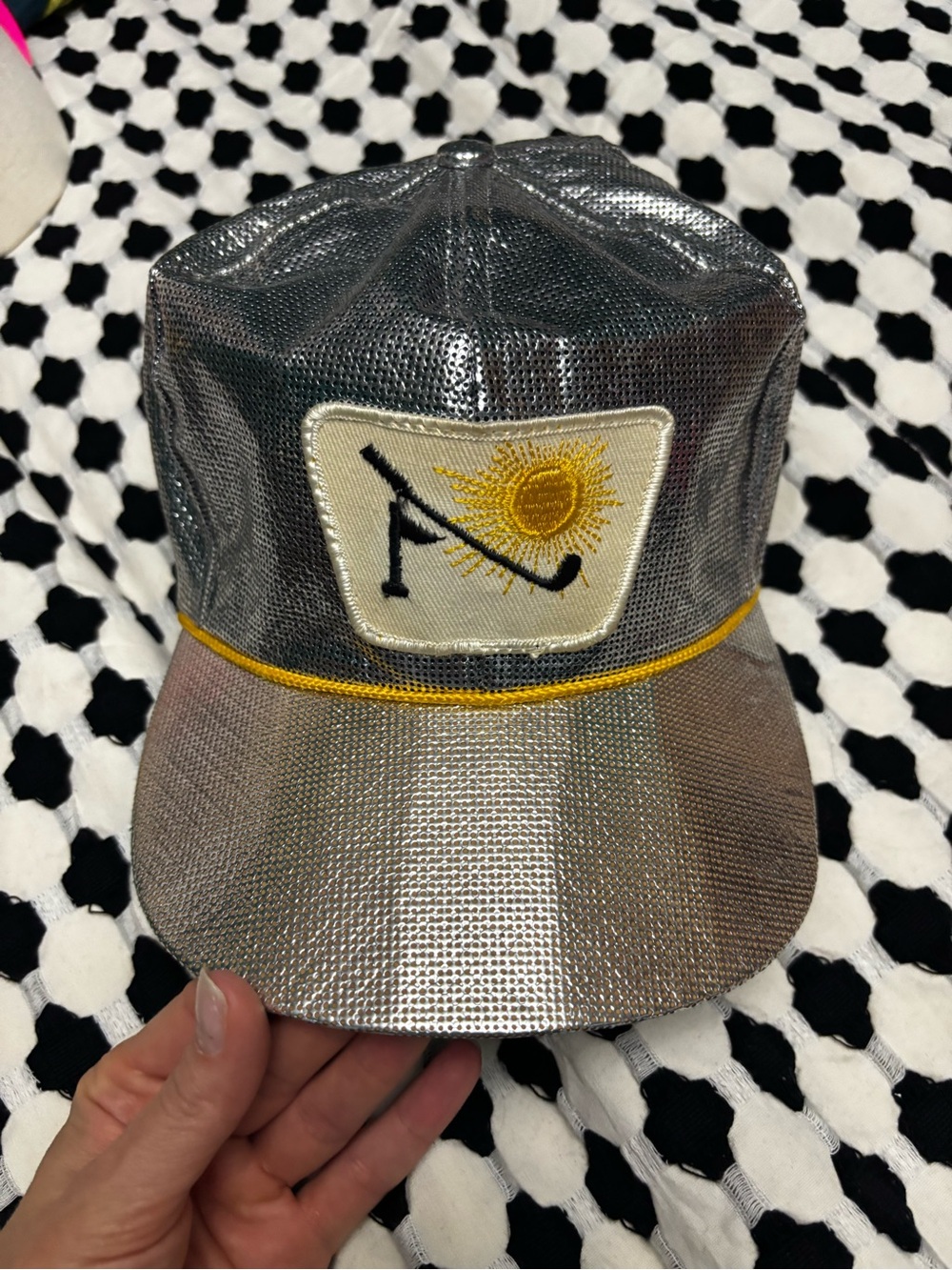 Metallic Silver Unisex Trucker Hat with Sun & Crossed Sticks Patch